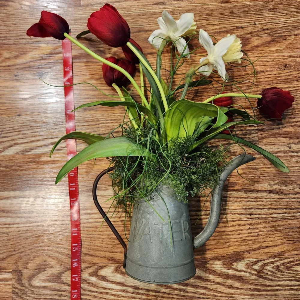 Rustic Farmhouse Galvanized Watering Can Tulip Floral Arrangement